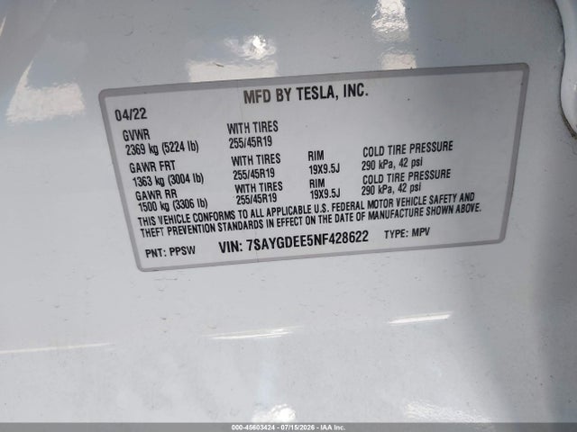Aukcja sprzedaży 2022 Tesla Model Y Long Range Dual Motor All-wheel Drive, vin: 7SAYGDEE5NF428622, numer aukcji: 45603424
