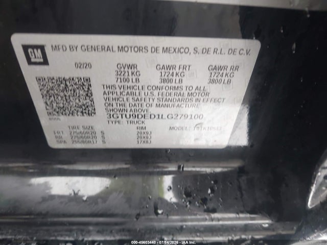 2020 Gmc Sierra 1500 4wd  Short Box Slt მანქანა იყიდება აუქციონზე, vin: 3GTU9DED1LG279100, აუქციონის ნომერი: 45603440