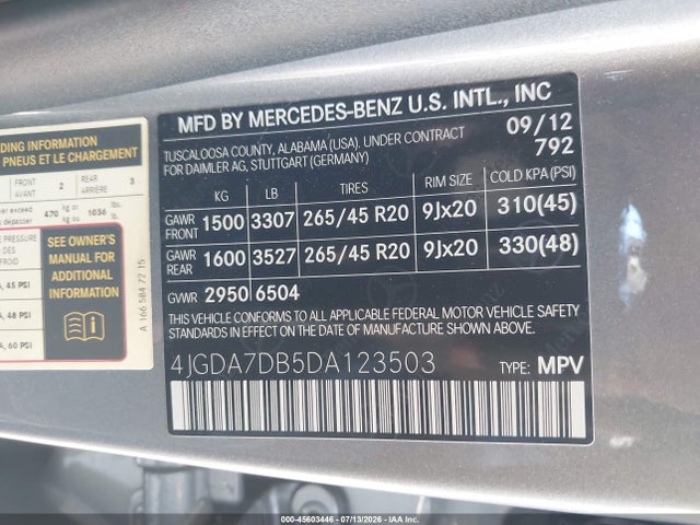 2013 Mercedes-benz Ml 550 4matic მანქანა იყიდება აუქციონზე, vin: 4JGDA7DB5DA123503, აუქციონის ნომერი: 45603446