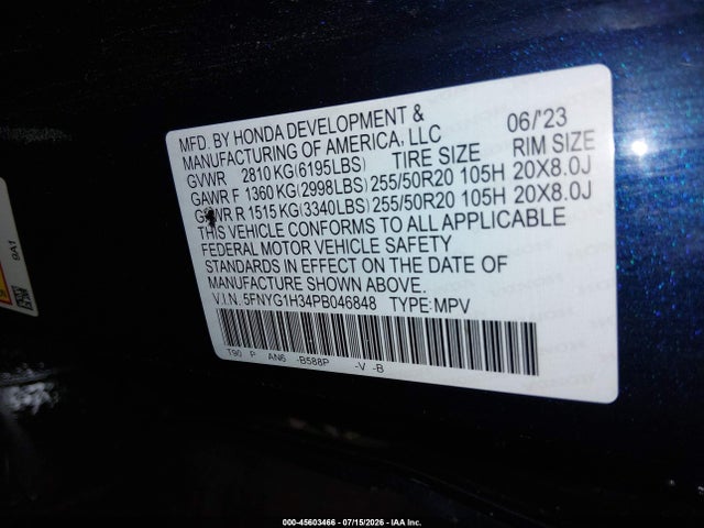 5FNYG1H34PB046848 Honda Pilot Awd Sport