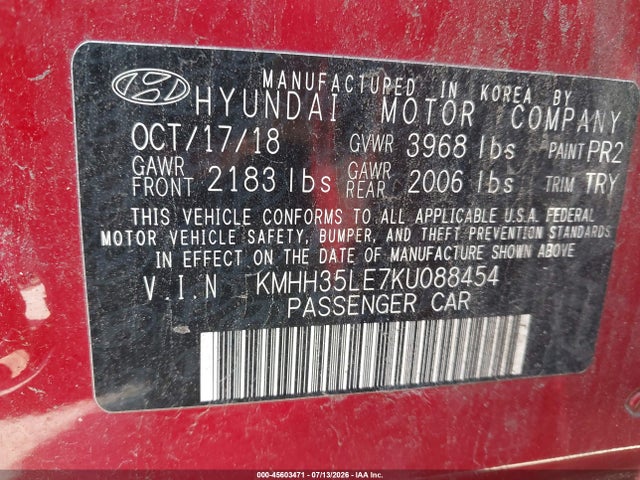 Auction sale of the 2019 Hyundai Elantra Gt, vin: KMHH35LE7KU088454, lot number: 45603471