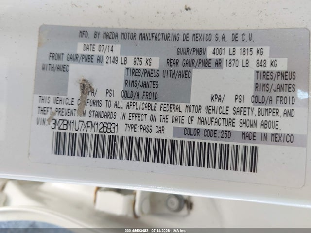 2015 Mazda Mazda3 I Sport მანქანა იყიდება აუქციონზე, vin: 3MZBM1U7XFM126931, აუქციონის ნომერი: 45603482
