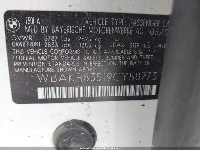 Продажа на аукционе авто 2009 Bmw 750li, vin: WBAKB83519CY58773, номер лота: 45603486