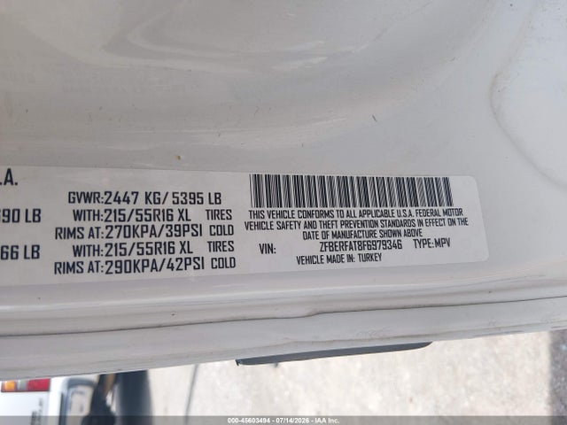 2015 Ram Promaster City Tradesman მანქანა იყიდება აუქციონზე, vin: ZFBERFAT8F6979346, აუქციონის ნომერი: 45603494