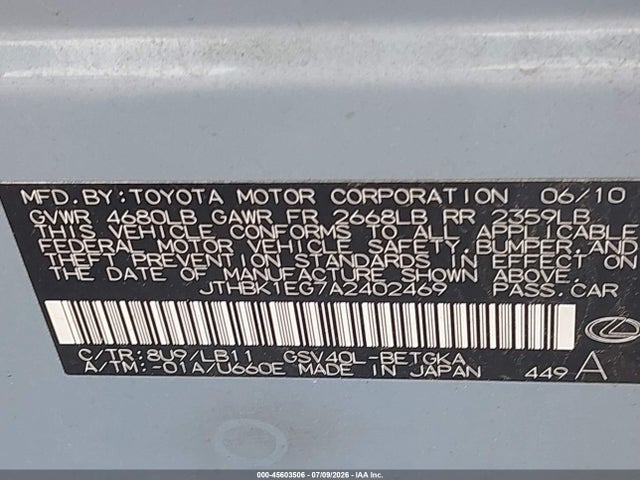 Aukcja sprzedaży 2010 Lexus Es 350, vin: JTHBK1EG7A2402469, numer aukcji: 45603506