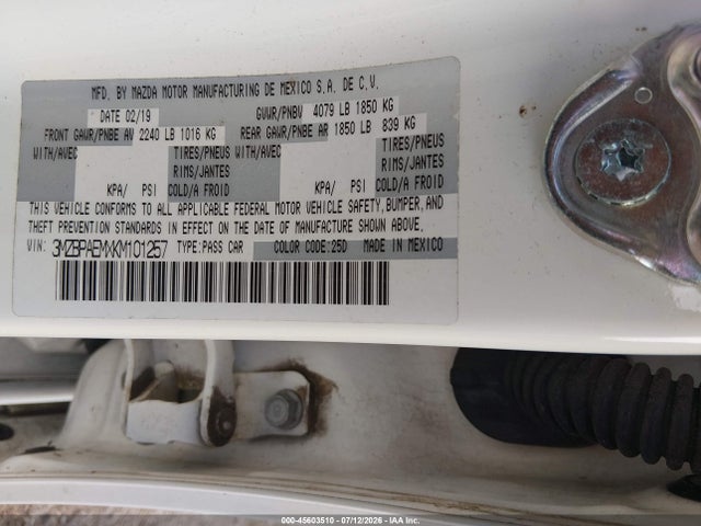 2019 Mazda Mazda3 Premium Package მანქანა იყიდება აუქციონზე, vin: 3MZBPAEMXKM101257, აუქციონის ნომერი: 45603510