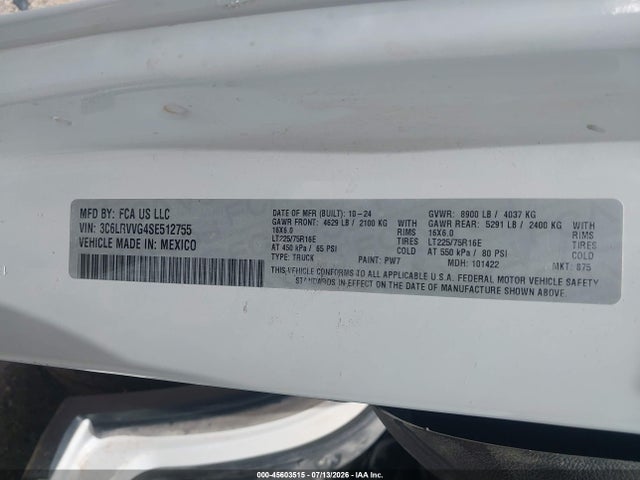Aukcja sprzedaży 2025 Ram Promaster 2500 Tradesman Low Roof 136 Wb W/pass Seat, vin: 3C6LRVVG4SE512755, numer aukcji: 45603515