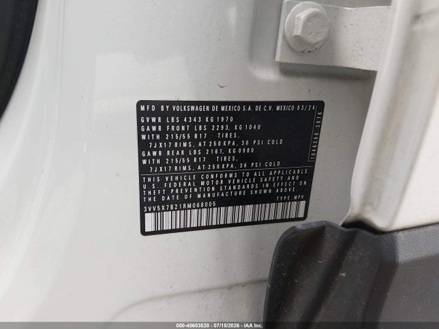 2024 Volkswagen Taos 1.5t S მანქანა იყიდება აუქციონზე, vin: 3VV5X7B21RM068005, აუქციონის ნომერი: 45603520