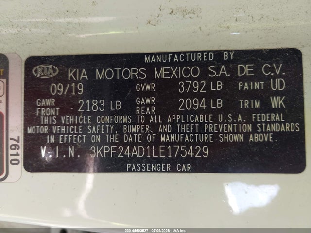 2020 Kia Forte Lxs მანქანა იყიდება აუქციონზე, vin: 3KPF24AD1LE175429, აუქციონის ნომერი: 45603527