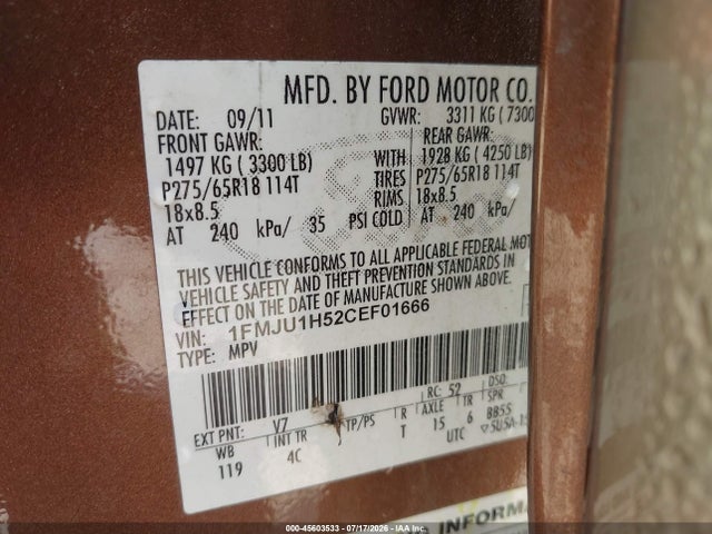 Продажа на аукционе авто 2012 Ford Expedition Xlt, vin: 1FMJU1H52CEF01666, номер лота: 45603533