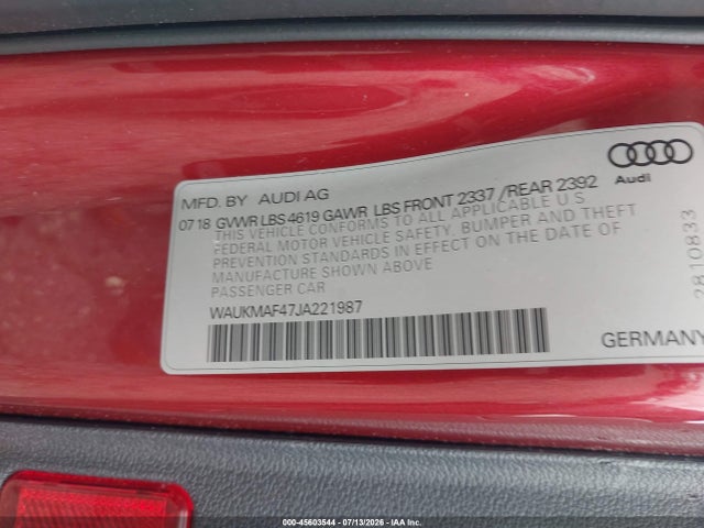 45603544 :رقم المزاد ، WAUKMAF47JA221987 vin ، 2018 Audi A4 2.0t Tech Ultra Premium/2.0t Ultra Premium مزاد بيع