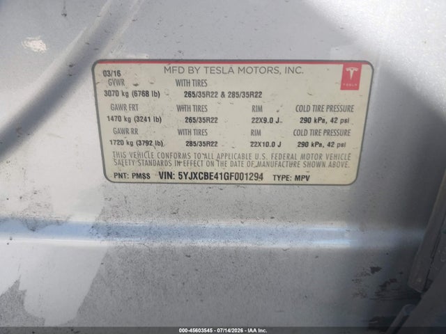 Tesla Model X 75d/p100d/p90d 2016 5YJXCBE41GF001294 Image 9