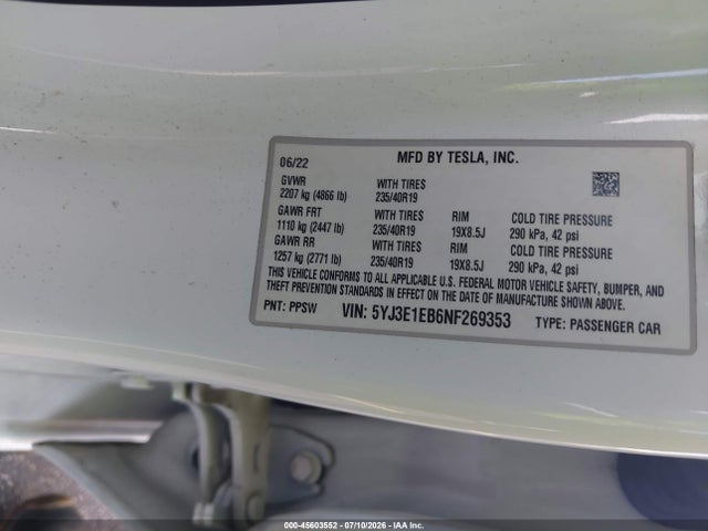Продажа на аукционе авто 2022 Tesla Model 3 Long Range Dual Motor All-wheel Drive, vin: 5YJ3E1EB6NF269353, номер лота: 45603552