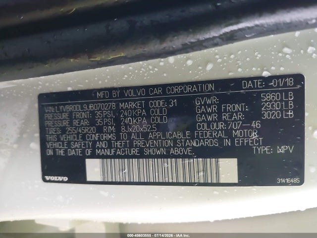 45603555 :رقم المزاد ، LYVBR0DL9JB070278 vin ، 2018 Volvo Xc60 Hybrid T8 Inscription مزاد بيع