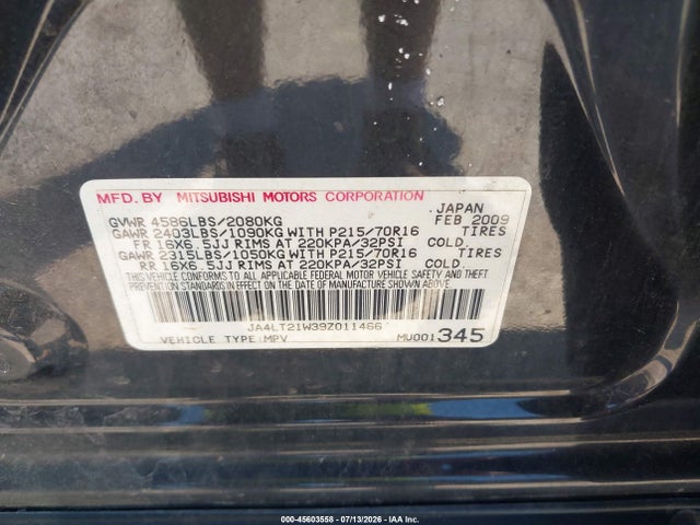 2009 Mitsubishi Outlander Es მანქანა იყიდება აუქციონზე, vin: JA4LT21W39Z011466, აუქციონის ნომერი: 45603558