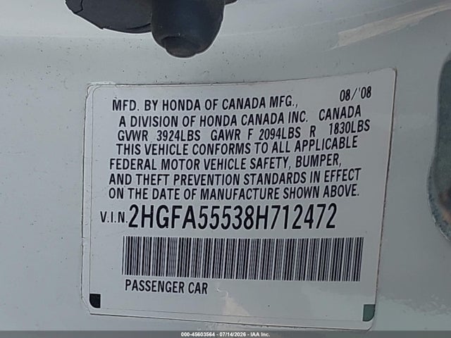 Продажа на аукционе авто 2008 Honda Civic, vin: 2HGFA55538H712472, номер лота: 45603564
