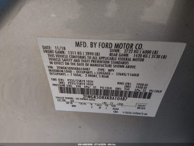 Ford Flex Limited 2019 2FMGK5D8XKBA10487 Image 9