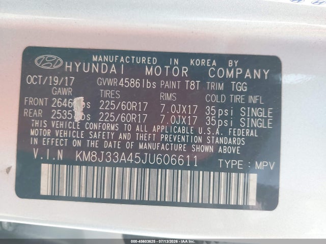 2018 Hyundai Tucson Sel მანქანა იყიდება აუქციონზე, vin: KM8J33A45JU606611, აუქციონის ნომერი: 45603625