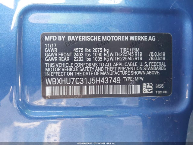 Aukcja sprzedaży 2018 Bmw X1 Sdrive28i, vin: WBXHU7C31J5H43749, numer aukcji: 45603657