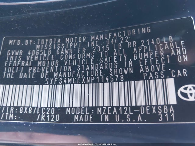 Toyota COROLLA SE 2022 5YFS4MCEXNP114578 Image 9