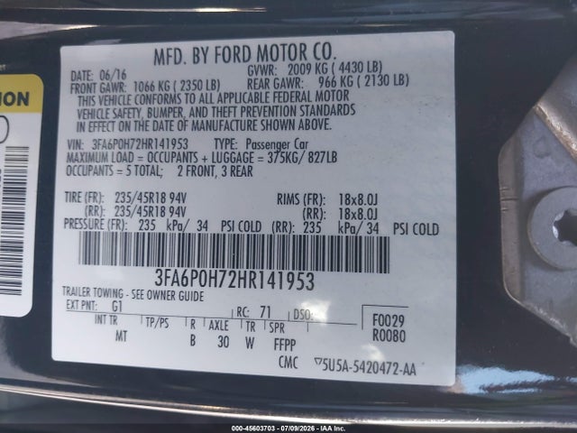 Ford FUSION SE 2017 3FA6P0H72HR141953 Image 9