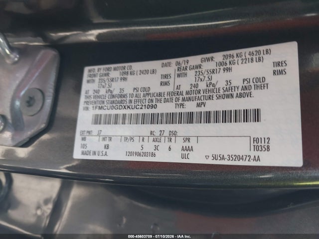 45603709 :رقم المزاد ، 1FMCU0GDXKUC21090 vin ، 2019 Ford Escape Se مزاد بيع