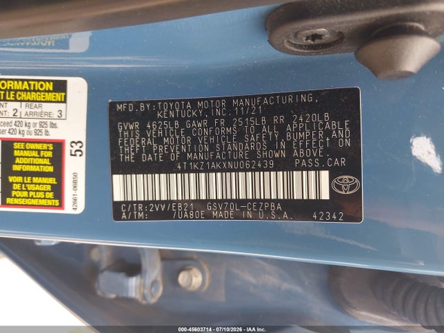 Auction sale of the 2022 Toyota Camry Trd, vin: 4T1KZ1AKXNU062439, lot number: 45603714