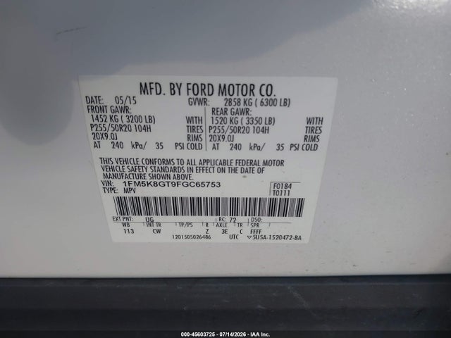 Ford EXPLORER SPORT 2015 1FM5K8GT9FGC65753 Image 9