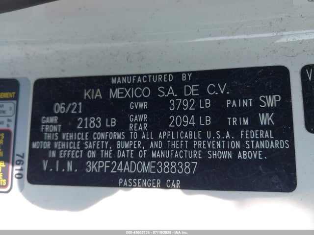 Продажа на аукционе авто 2021 Kia Forte Lxs, vin: 3KPF24AD0ME388387, номер лота: 45603728