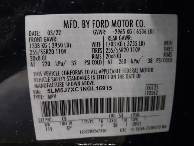 45603732 :رقم المزاد ، 5LM5J7XC1NGL16915 vin ، 2022 Lincoln Aviator Reserve مزاد بيع