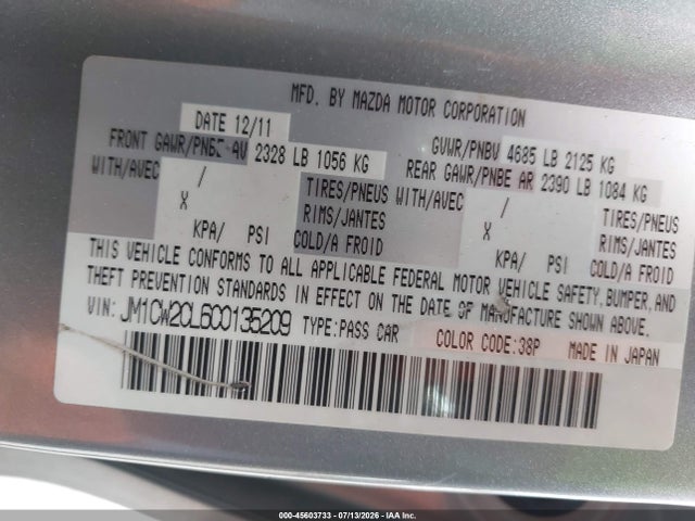 Продаж на аукціоні авто 2012 Mazda Mazda5 Touring, vin: JM1CW2CL6C0135209, номер лоту: 45603733