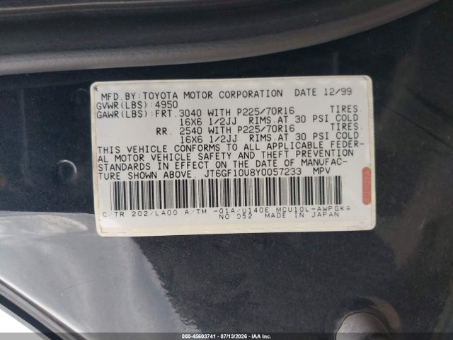 Продаж на аукціоні авто 2000 Lexus Rx 300, vin: JT6GF10U8Y0057233, номер лоту: 45603741