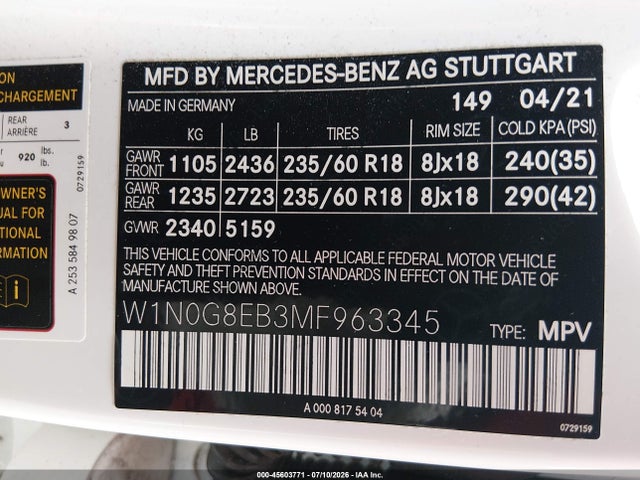 Продаж на аукціоні авто 2021 Mercedes-benz Glc 300 4matic Suv, vin: W1N0G8EB3MF963345, номер лоту: 45603771