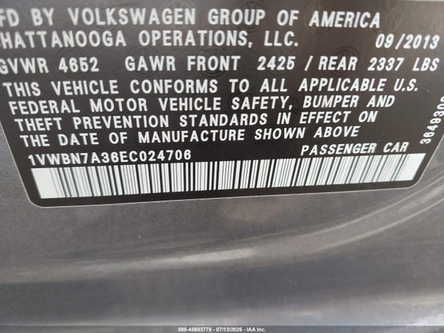 2014 Volkswagen Passat Se მანქანა იყიდება აუქციონზე, vin: 1VWBN7A36EC024706, აუქციონის ნომერი: 45603778