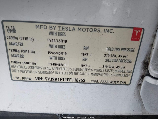 Tesla Model S 60/70/85 2015 5YJSA1E12FF118753 Image 9