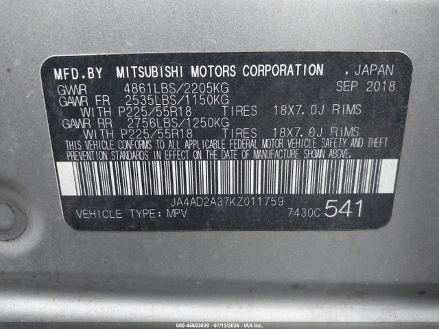 Продаж на аукціоні авто 2019 Mitsubishi Outlander Es, vin: JA4AD2A37KZ011759, номер лоту: 45603808