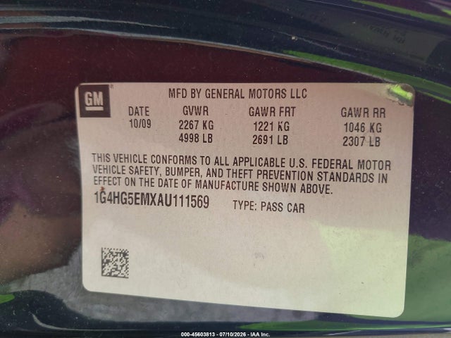 45603813 :رقم المزاد ، 1G4HG5EMXAU111569 vin ، 2010 Buick Lucerne Cxl-5 مزاد بيع