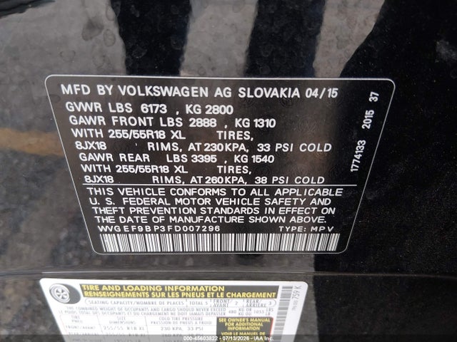Aukcja sprzedaży 2015 Volkswagen Touareg V6 Sport, vin: WVGEF9BP3FD007296, numer aukcji: 45603822