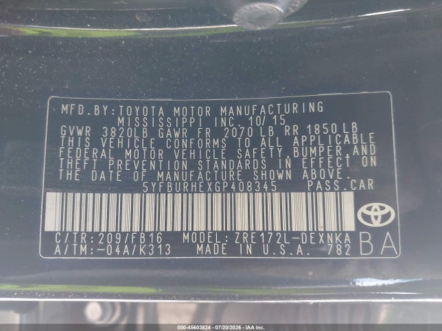 5YFBURHEXGP408345 Toyota Corolla Le Plus
