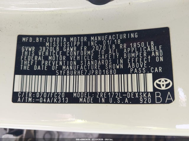 Toyota COROLLA SE 2018 5YFBURHE7JP801680 Image 9
