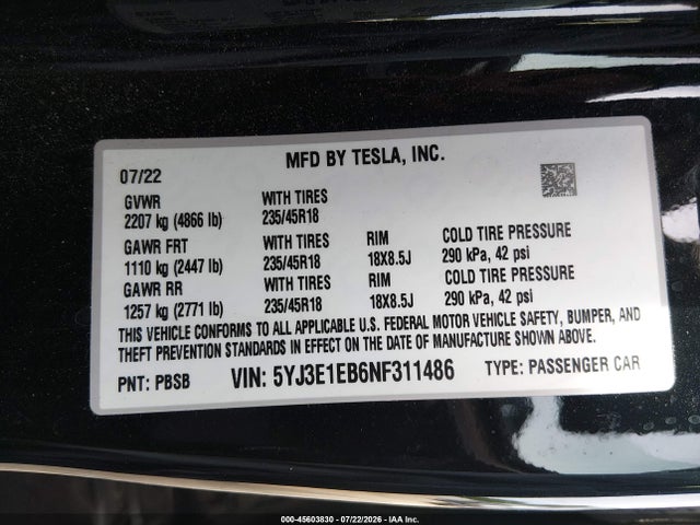 Продаж на аукціоні авто 2022 Tesla Model 3 Long Range Dual Motor All-wheel Drive, vin: 5YJ3E1EB6NF311486, номер лоту: 45603830