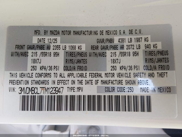 Aukcja sprzedaży 2026 Mazda Cx-30 2.5 S Preferred, vin: 3MVDMBCL7TM123947, numer aukcji: 45603846
