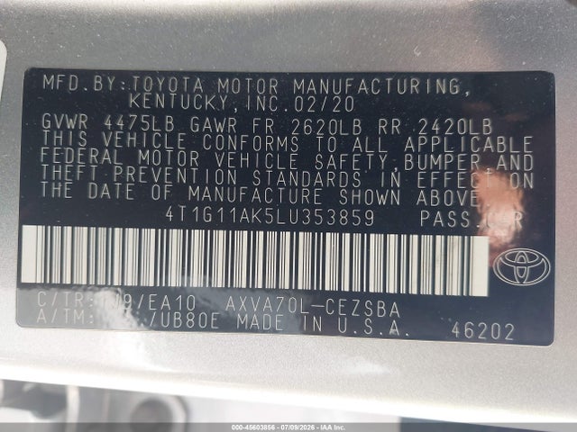 Auction sale of the 2020 Toyota Camry Se, vin: 4T1G11AK5LU353859, lot number: 45603856