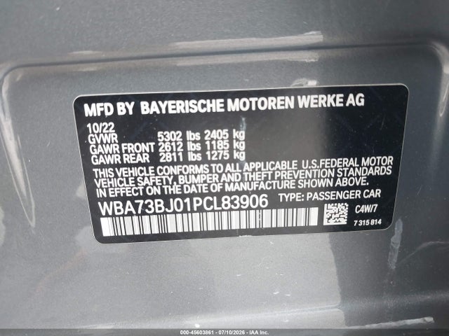 2023 Bmw 540 I Xdrive მანქანა იყიდება აუქციონზე, vin: WBA73BJ01PCL83906, აუქციონის ნომერი: 45603861