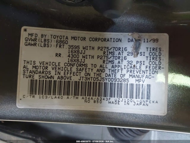 2000 Toyota Land Cruiser მანქანა იყიდება აუქციონზე, vin: JT3HT05J5Y0093285, აუქციონის ნომერი: 45603870