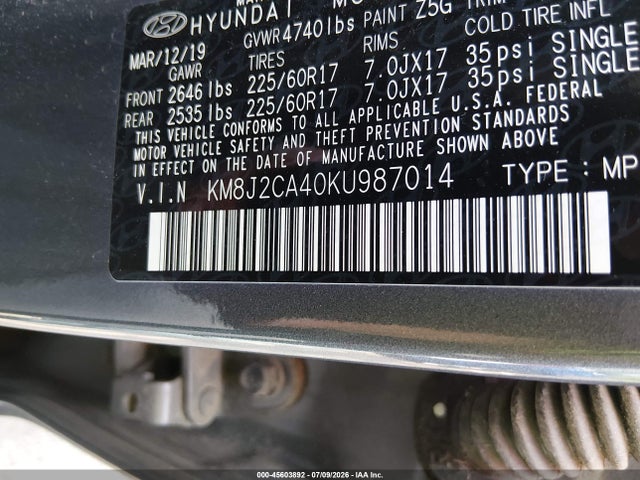 Продажа на аукционе авто 2019 Hyundai Tucson Se, vin: KM8J2CA40KU987014, номер лота: 45603892
