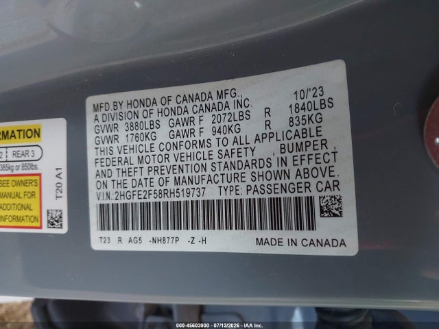 Honda Civic Sport 2024 2HGFE2F58RH519737 Image 9