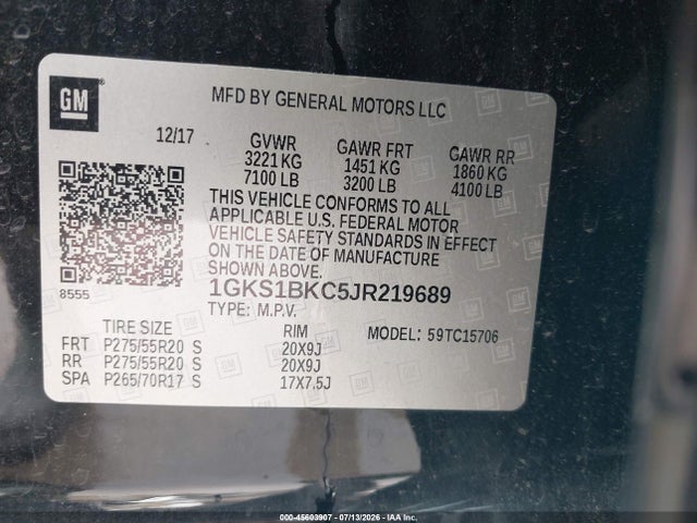 Aukcja sprzedaży 2018 Gmc Yukon Slt, vin: 1GKS1BKC5JR219689, numer aukcji: 45603907
