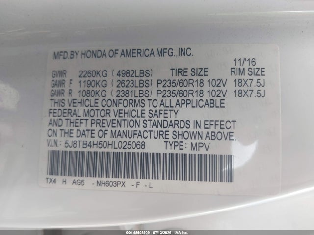Auction sale of the 2017 Acura Rdx Technology   Acurawatch Plus Packages/w/technology Package, vin: 5J8TB4H50HL025068, lot number: 45603909