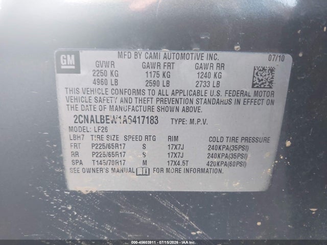 2010 Chevrolet Equinox Ls მანქანა იყიდება აუქციონზე, vin: 2CNALBEW1A6417183, აუქციონის ნომერი: 45603911